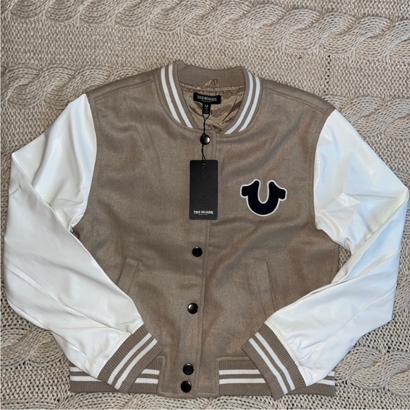 True Religion Beige and Navy Varsity Jacket - Picture 1 of 6